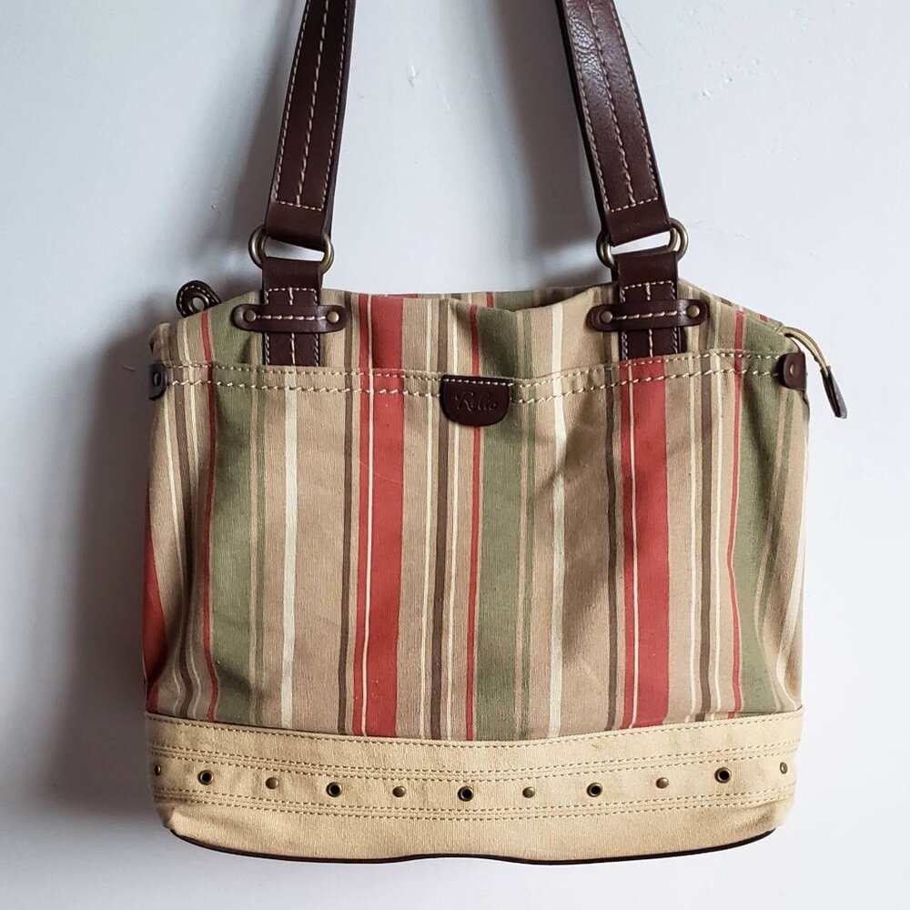 Large RELIC by FOSSIL Canvas Handbag Utility Boho Stripe Olive Red Vintage - Picture 3 of 16